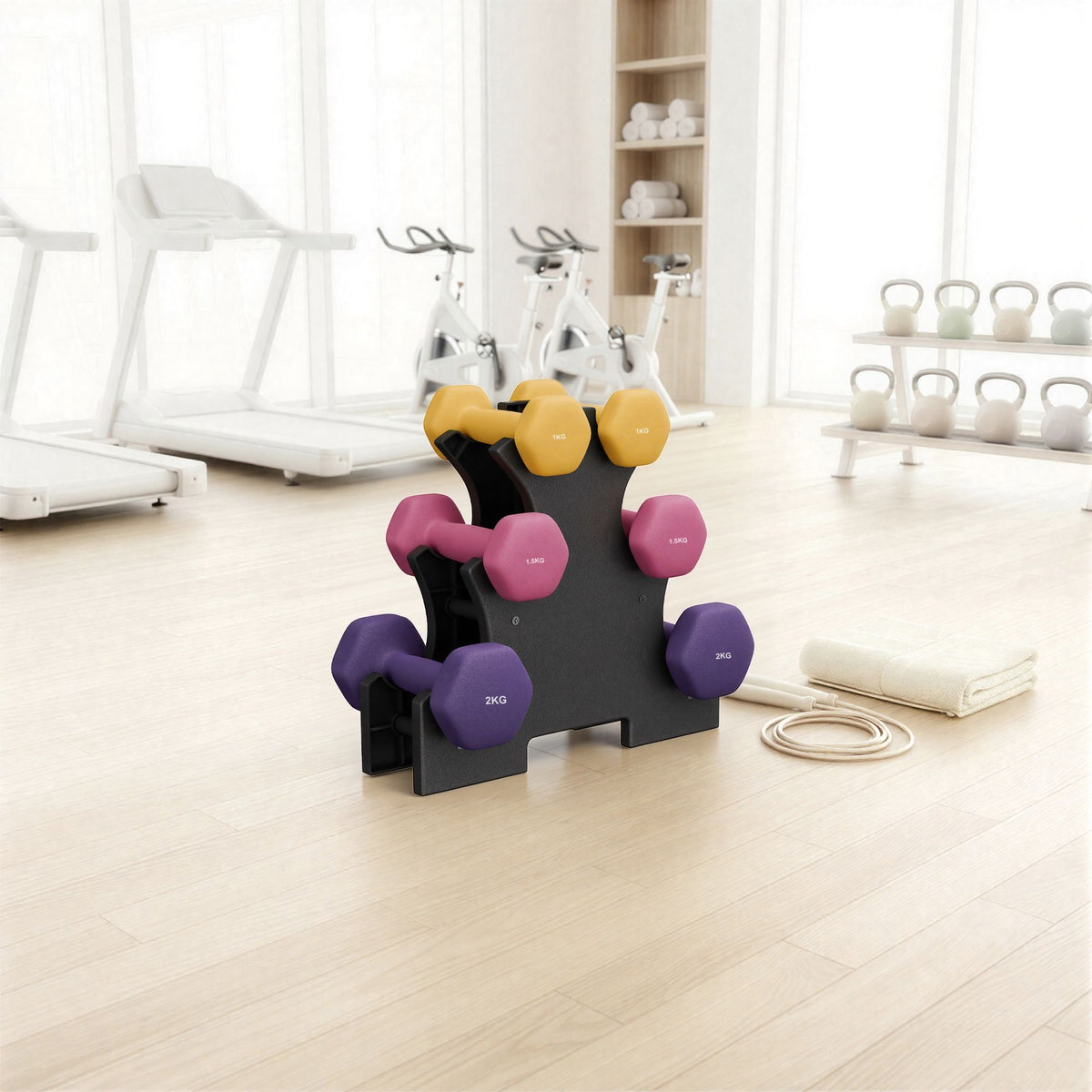 Hex Neoprene Dumbbells Set with Stand, 2 x 2 kg, 2 x 1.5 kg, 2 x 1 kg