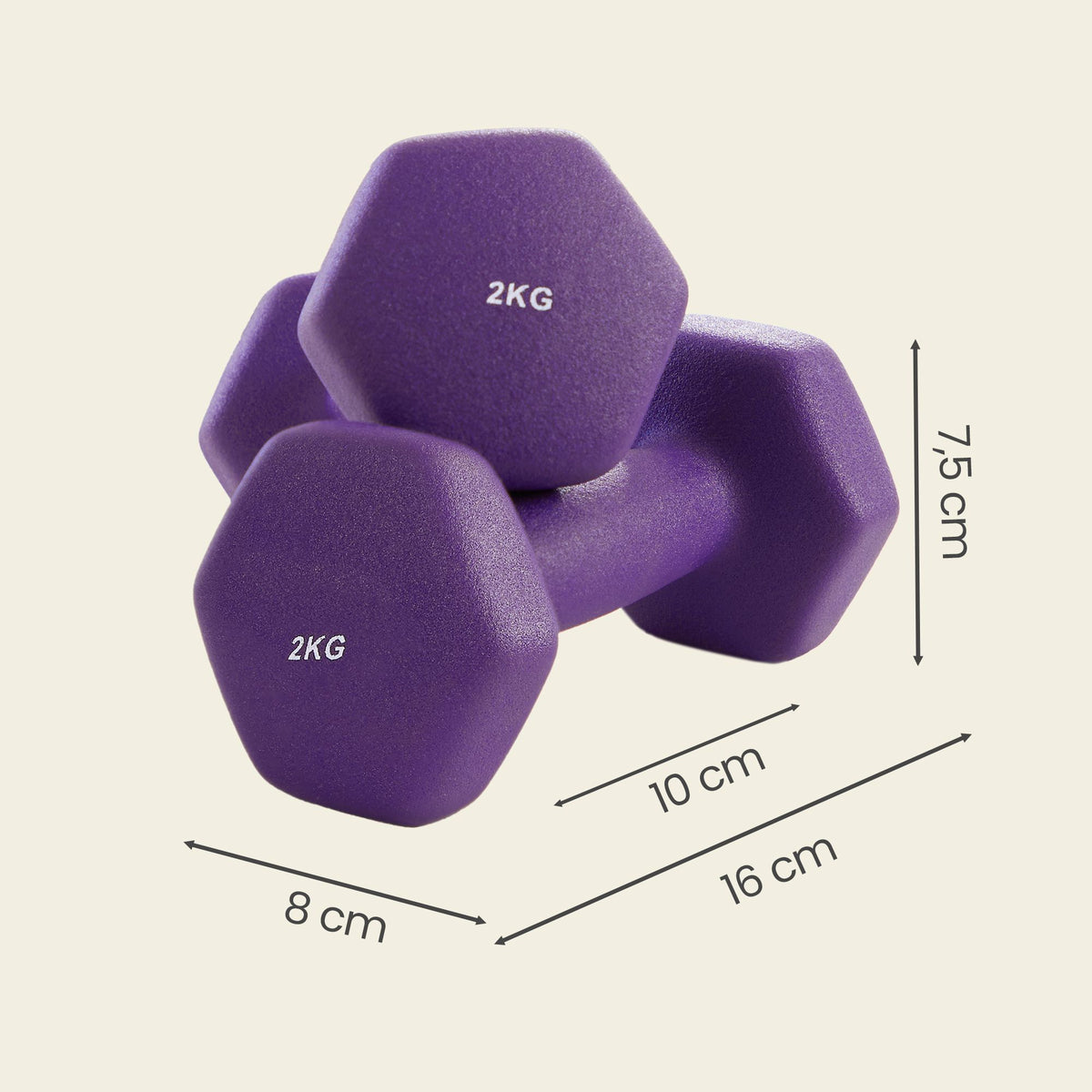 Set of 2 Dumbbells, 2 x 2 kg Neoprene Weights, Hexagonal