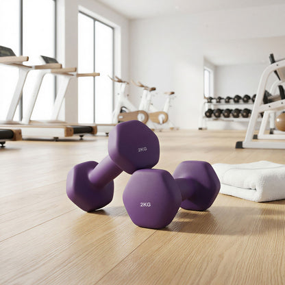 Set of 2 Dumbbells, 2 x 2 kg Neoprene Weights, Hexagonal