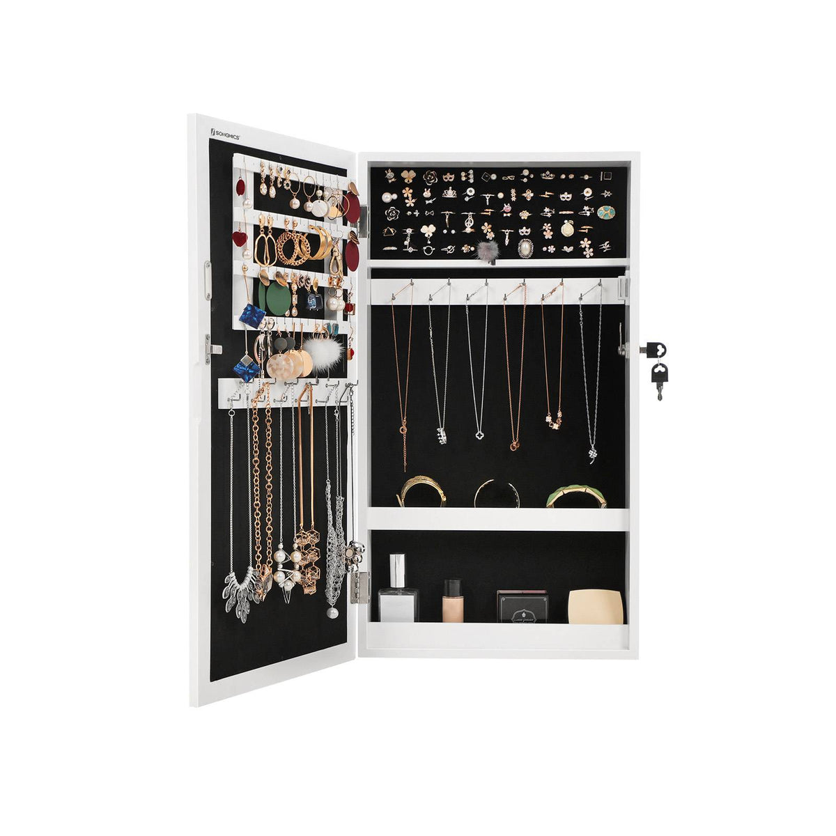 Lockable Jewelry Cabinet Armoire with Mirror, Wall-Mounted Space Saving Jewelry Storage Organizer, Rustic Brown