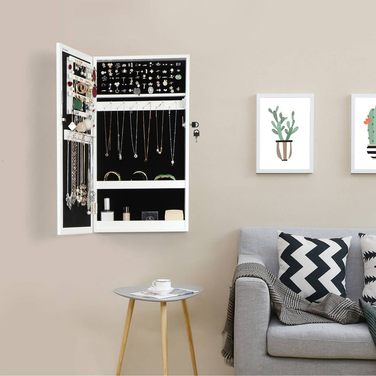 Lockable Jewelry Cabinet Armoire with Mirror, Wall-Mounted Space Saving Jewelry Storage Organizer, Rustic Brown