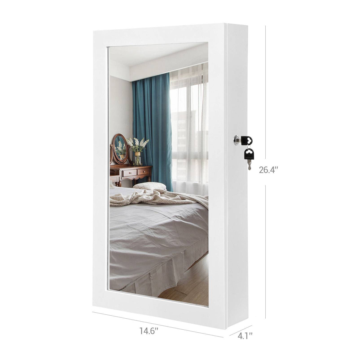 Lockable Jewelry Cabinet Armoire with Mirror, Wall-Mounted Space Saving Jewelry Storage Organizer, Rustic Brown
