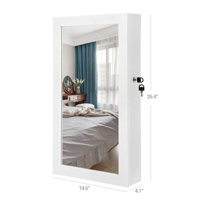 Lockable Jewelry Cabinet Armoire with Mirror, Wall-Mounted Space Saving Jewelry Storage Organizer, Rustic Brown