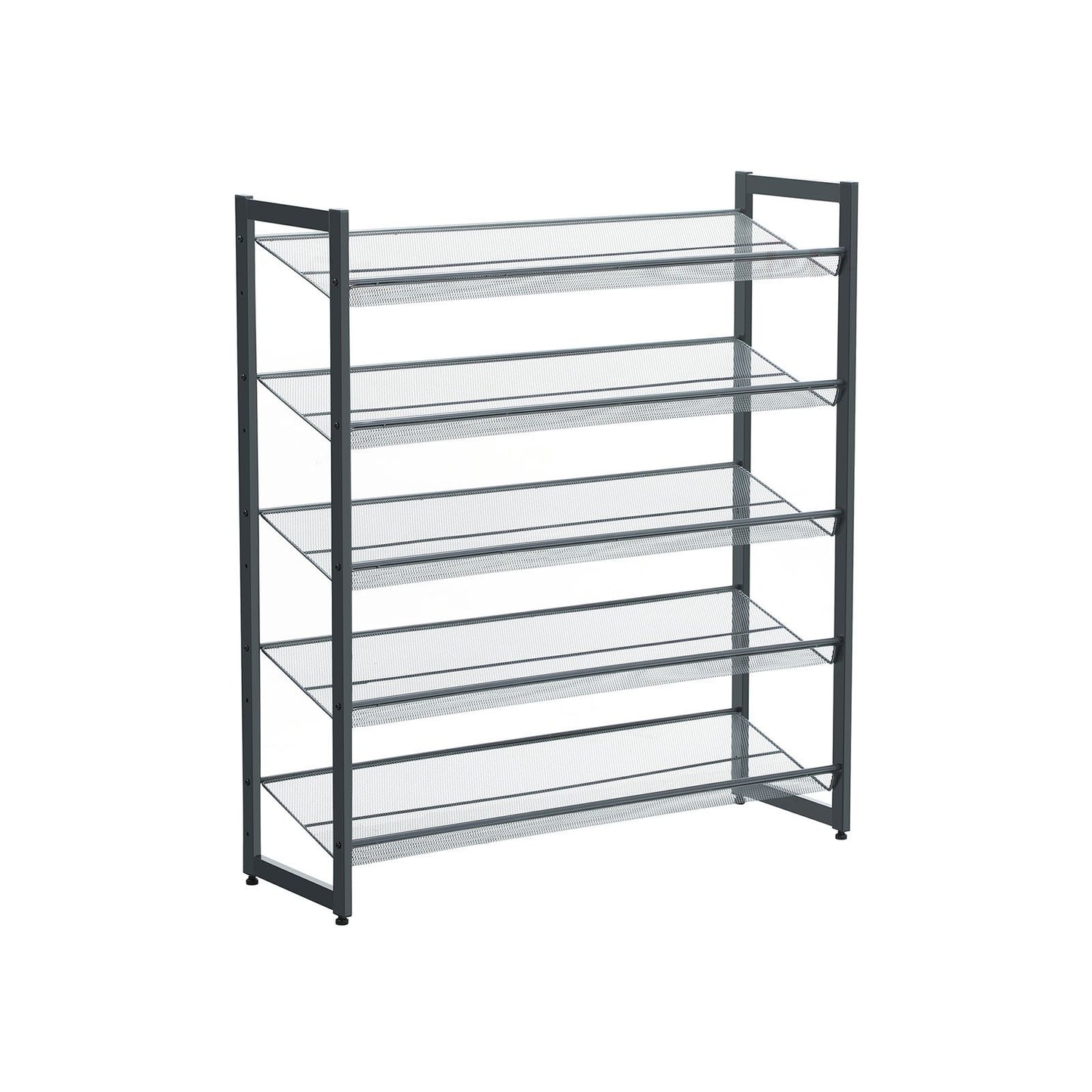 Shoe Rack, 5-Tier Stackable Shoe Storage Shelf, Metal Mesh, Flat or Angled Shoe Organizer for 20 to 25 Pairs of Shoes, Short Boots, High Heels, Cool Gray