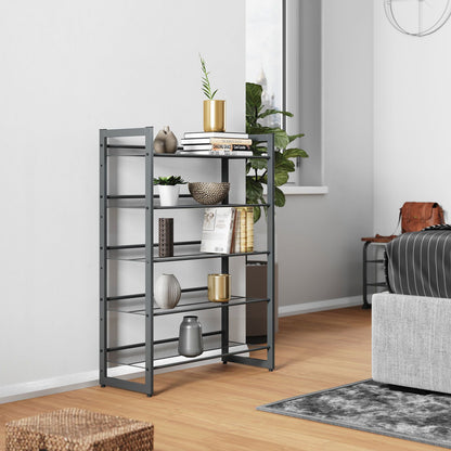 Shoe Rack, 5-Tier Stackable Shoe Storage Shelf, Metal Mesh, Flat or Angled Shoe Organizer for 20 to 25 Pairs of Shoes, Short Boots, High Heels, Cool Gray