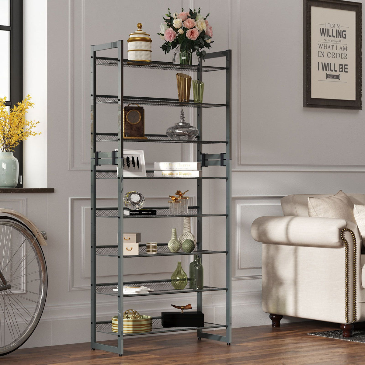 Shoe Rack, 5-Tier Stackable Shoe Storage Shelf, Metal Mesh, Flat or Angled Shoe Organizer for 20 to 25 Pairs of Shoes, Short Boots, High Heels, Cool Gray