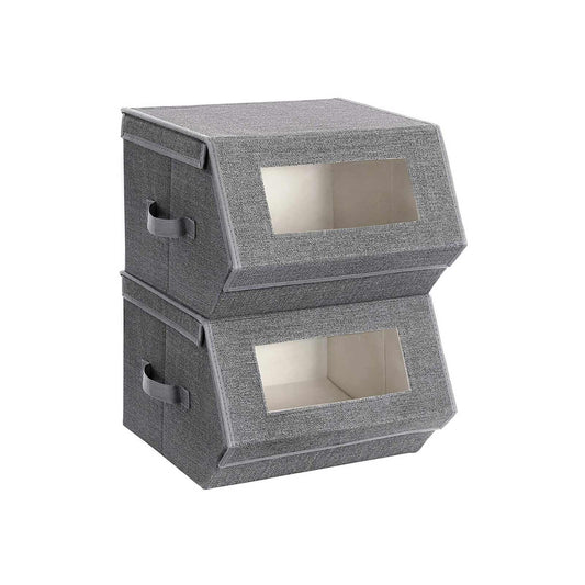 Set of 2 Stackable Storage Bins with Transparent Windows, Magnetic Lid and Side Handles, for Toys, Clothes, Gray and Beige