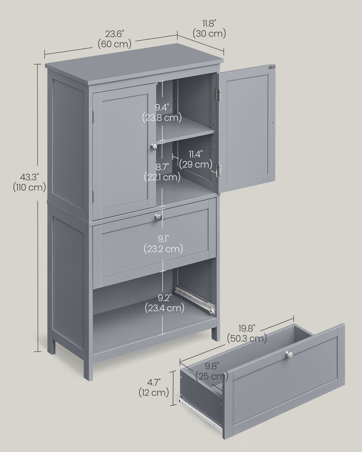 Bathroom Floor Storage Cabinet with 2 Drawers and 2 Doors