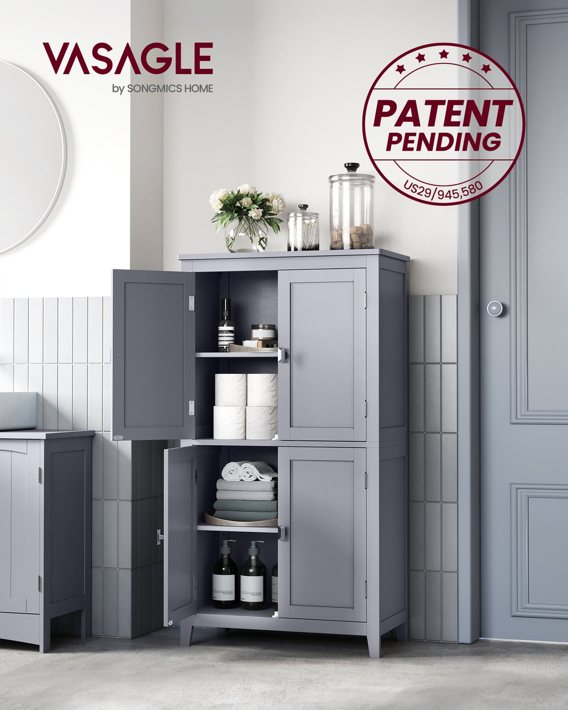 Bathroom Floor Storage Cabinet with 4 Doors