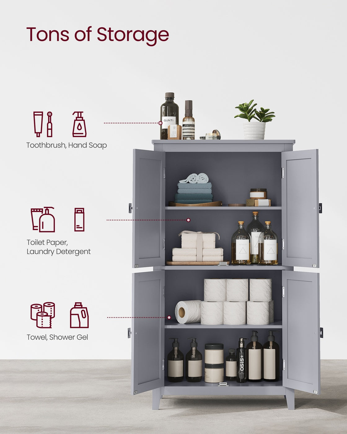 Bathroom Floor Storage Cabinet with 4 Doors