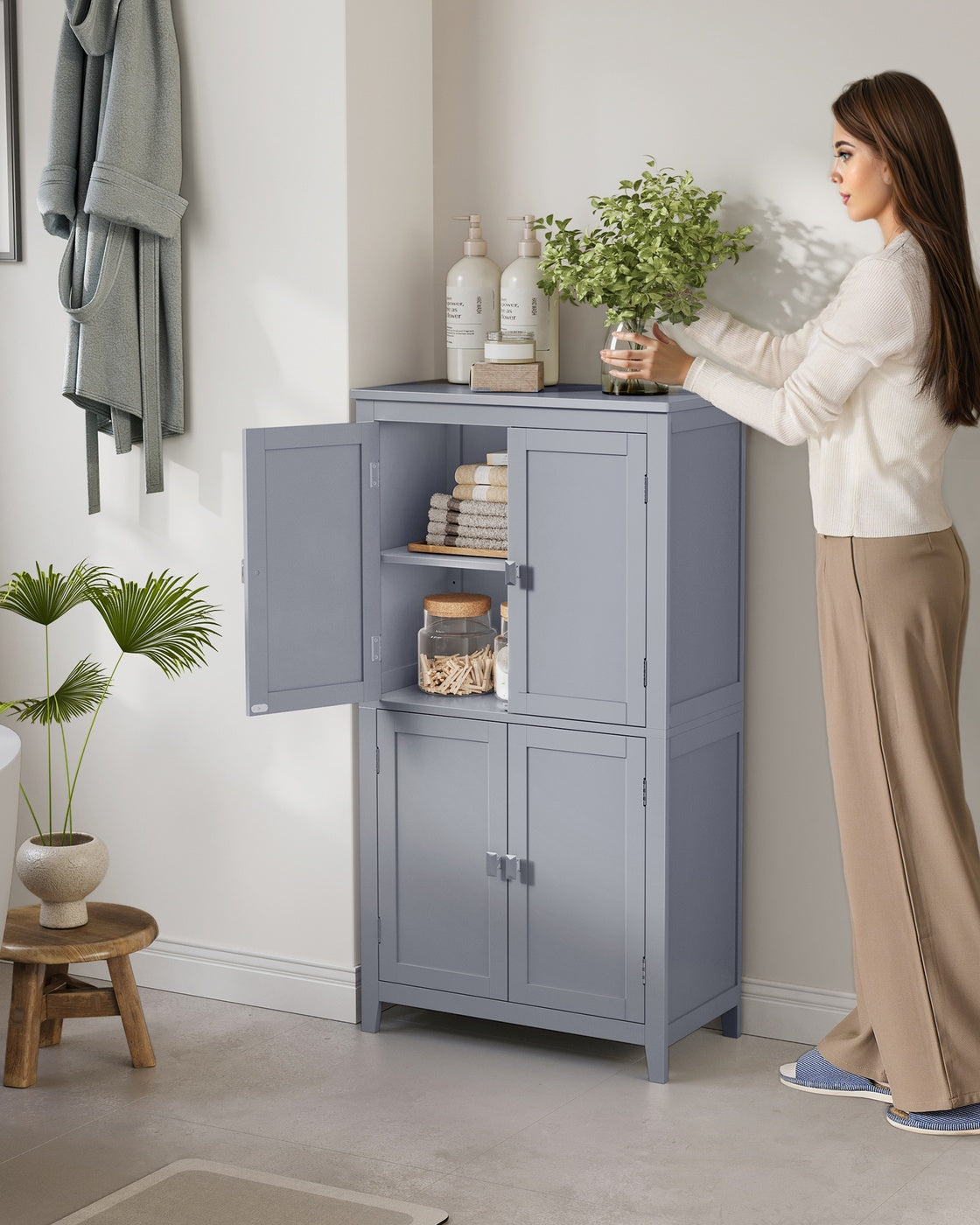 Bathroom Floor Storage Cabinet with 4 Doors