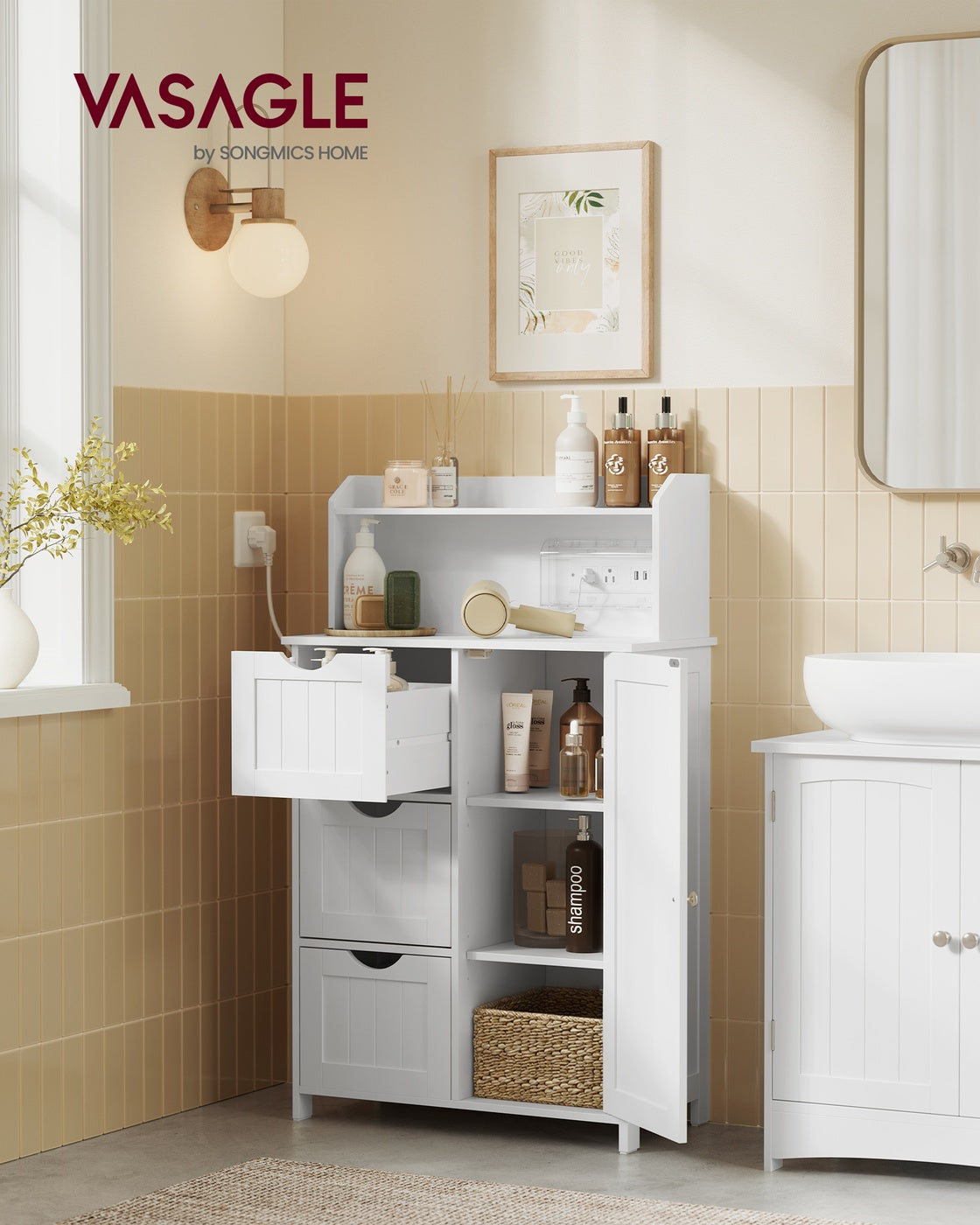 39.4-Inch Tall Storage Cabinet with Power Strip 2 Adjustable Shelves Cloud White - image 2