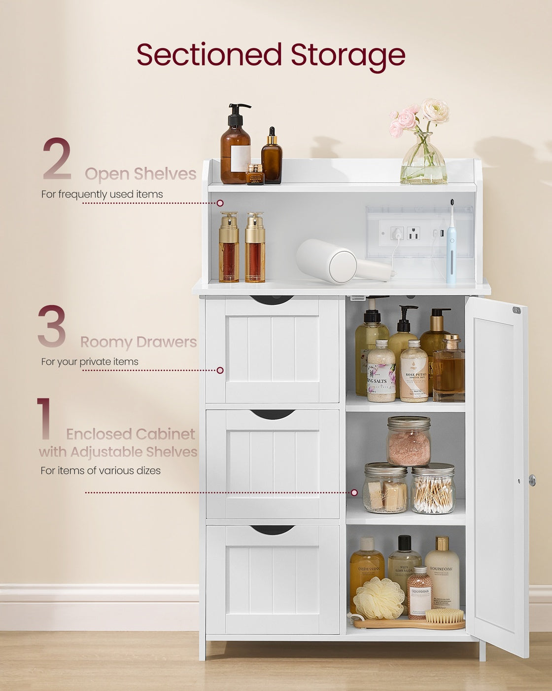 39.4-Inch Tall Storage Cabinet with Power Strip 2 Adjustable Shelves Cloud White - image 5