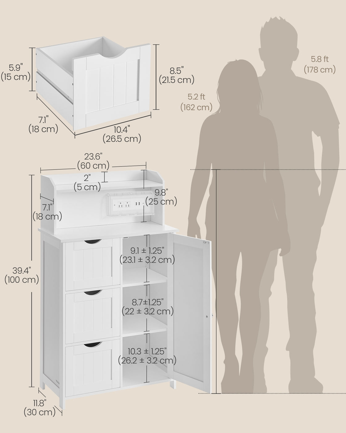 39.4-Inch Tall Storage Cabinet with Power Strip 2 Adjustable Shelves Cloud White - image 6