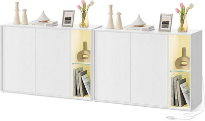 HOME Storage Cabinets, Superfast Toolless Assembly, Accent Buffet Cabinet with Lighting and Glass Shelf, Set of 2 Sideboards for Living Room, Snow White