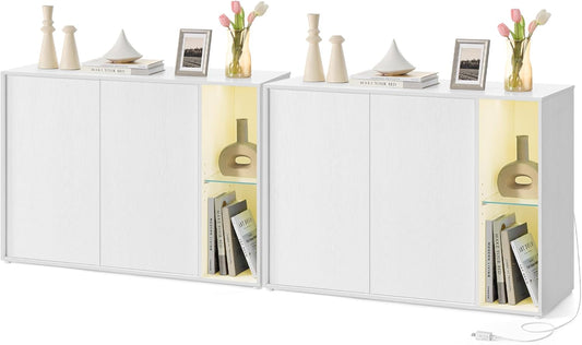 HOME Storage Cabinets, Superfast Toolless Assembly, Accent Buffet Cabinet with Lighting and Glass Shelf, Set of 2 Sideboards for Living Room, Snow White