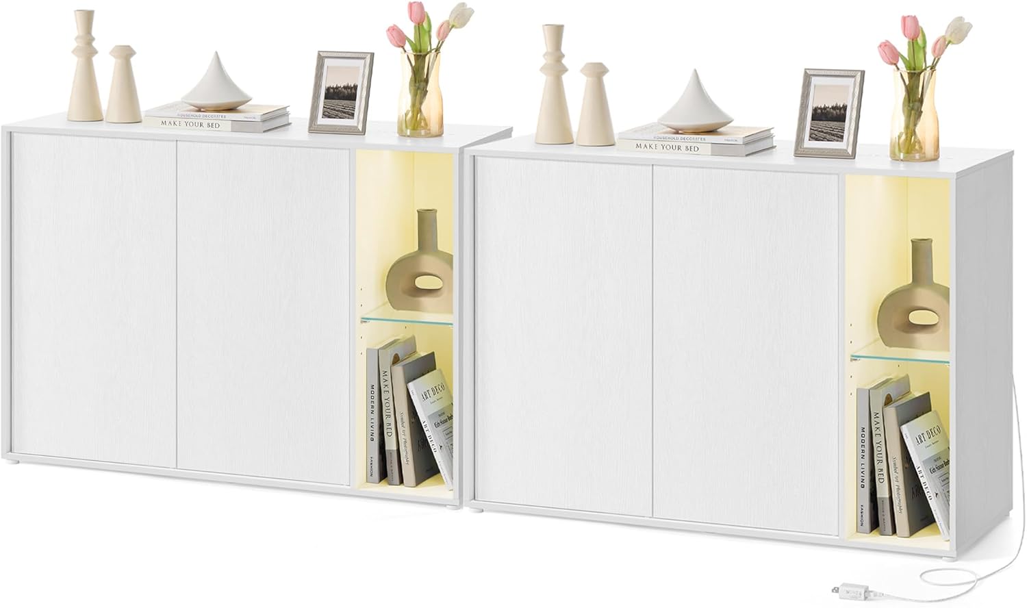 HOME Storage Cabinets, Superfast Toolless Assembly, Accent Buffet Cabinet with Lighting and Glass Shelf, Set of 2 Sideboards for Living Room, Snow White