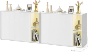 HOME Storage Cabinets, Superfast Toolless Assembly, Accent Buffet Cabinet with Lighting and Glass Shelf, Set of 2 Sideboards for Living Room, Snow White