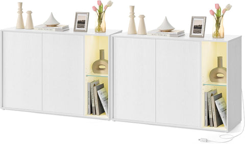 HOME Storage Cabinets, Superfast Toolless Assembly, Accent Buffet Cabinet with Lighting and Glass Shelf, Set of 2 Sideboards for Living Room, Snow White