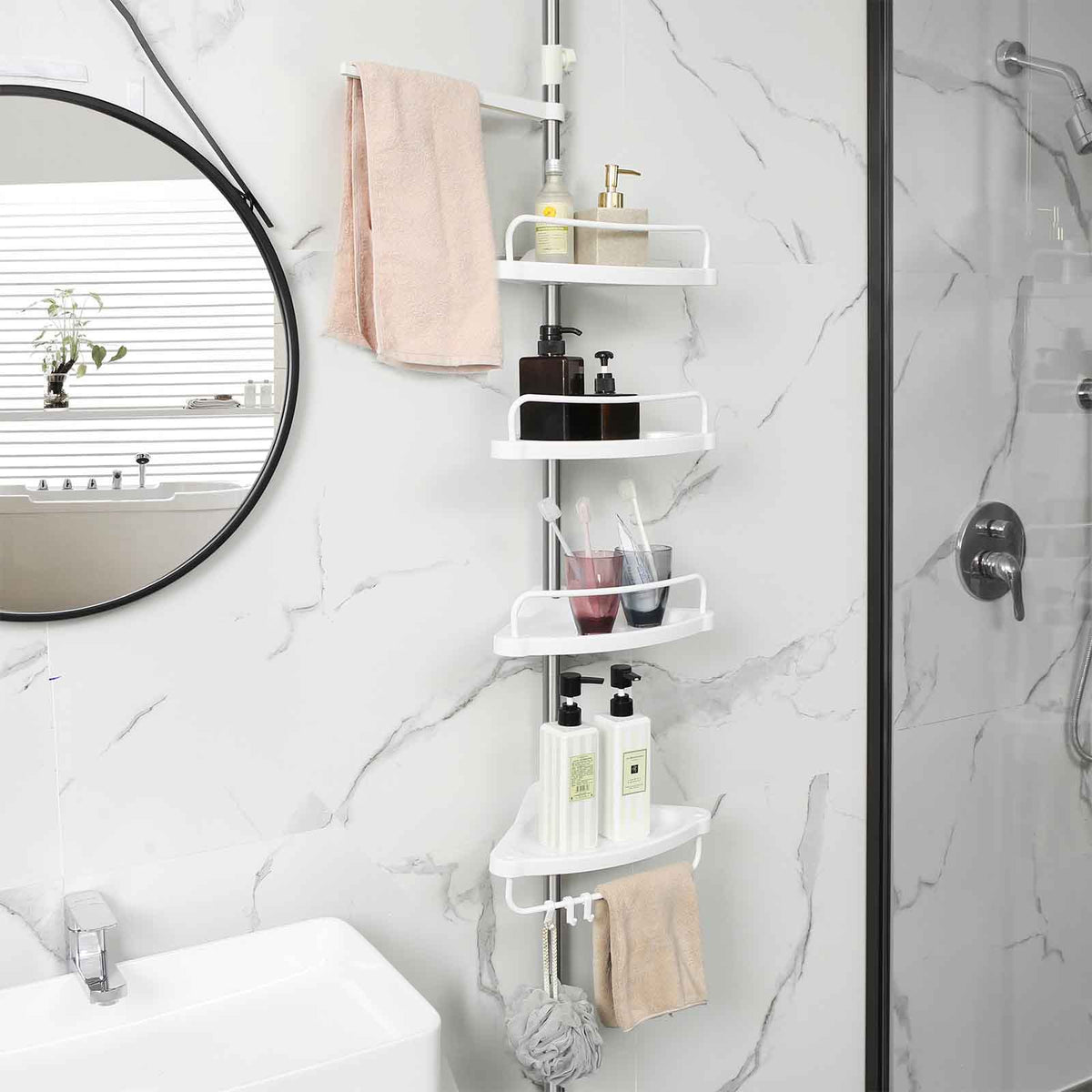 Tension Corner Shower Caddy, Rust-Proof Stainless Steel Pole, Adjustable Floor to Ceiling Bathroom Shelf