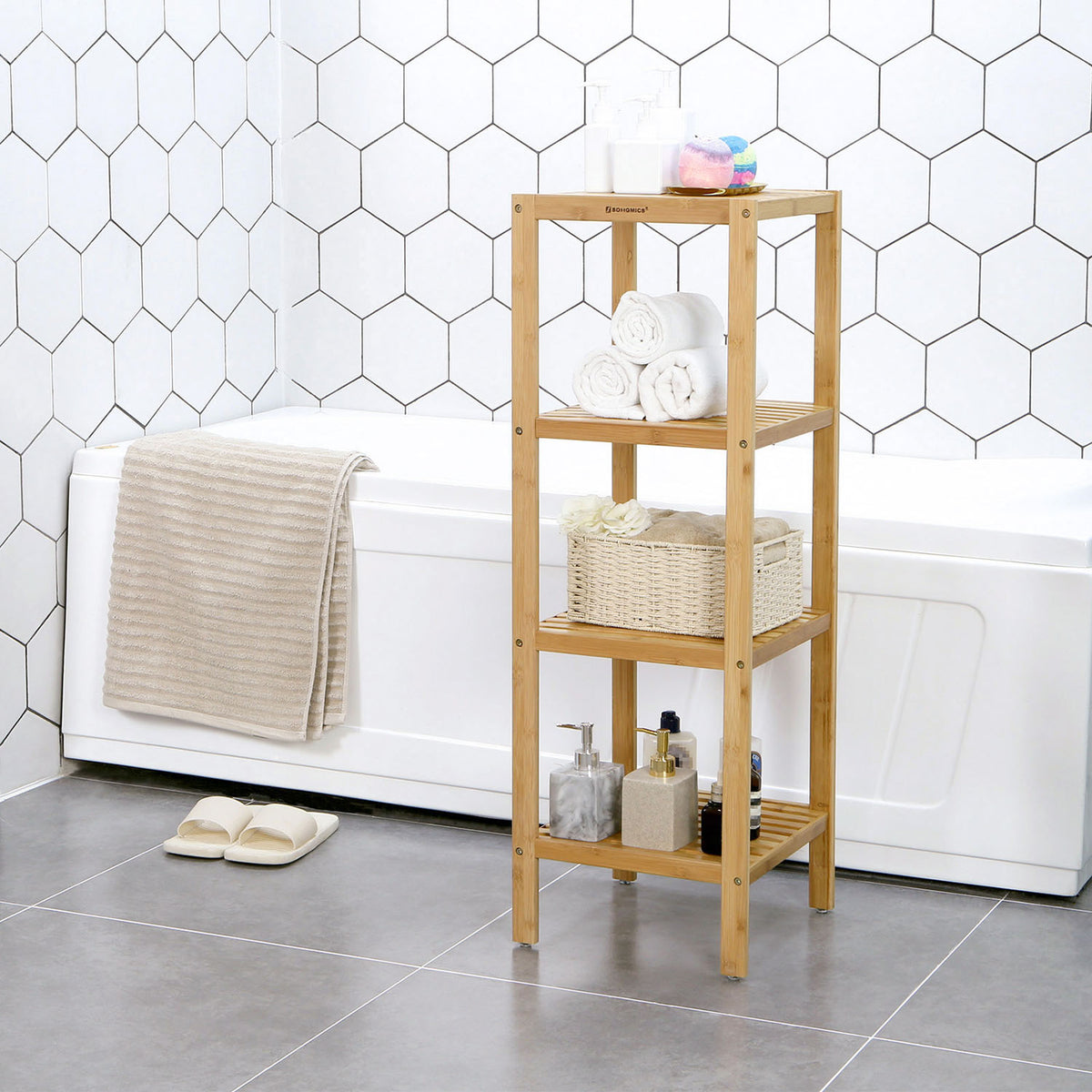 100% Bamboo Bathroom Shelf, 4-Tier Multifunctional Storage Rack, Shelving Unit 38.6" x 13" x 13"