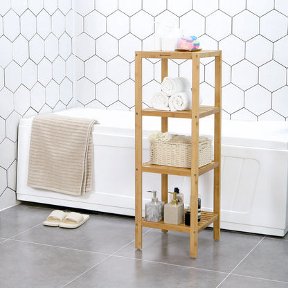 100% Bamboo Bathroom Shelf, 4-Tier Multifunctional Storage Rack, Shelving Unit 38.6" x 13" x 13"