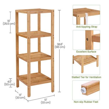 100% Bamboo Bathroom Shelf, 4-Tier Multifunctional Storage Rack, Shelving Unit 38.6" x 13" x 13"