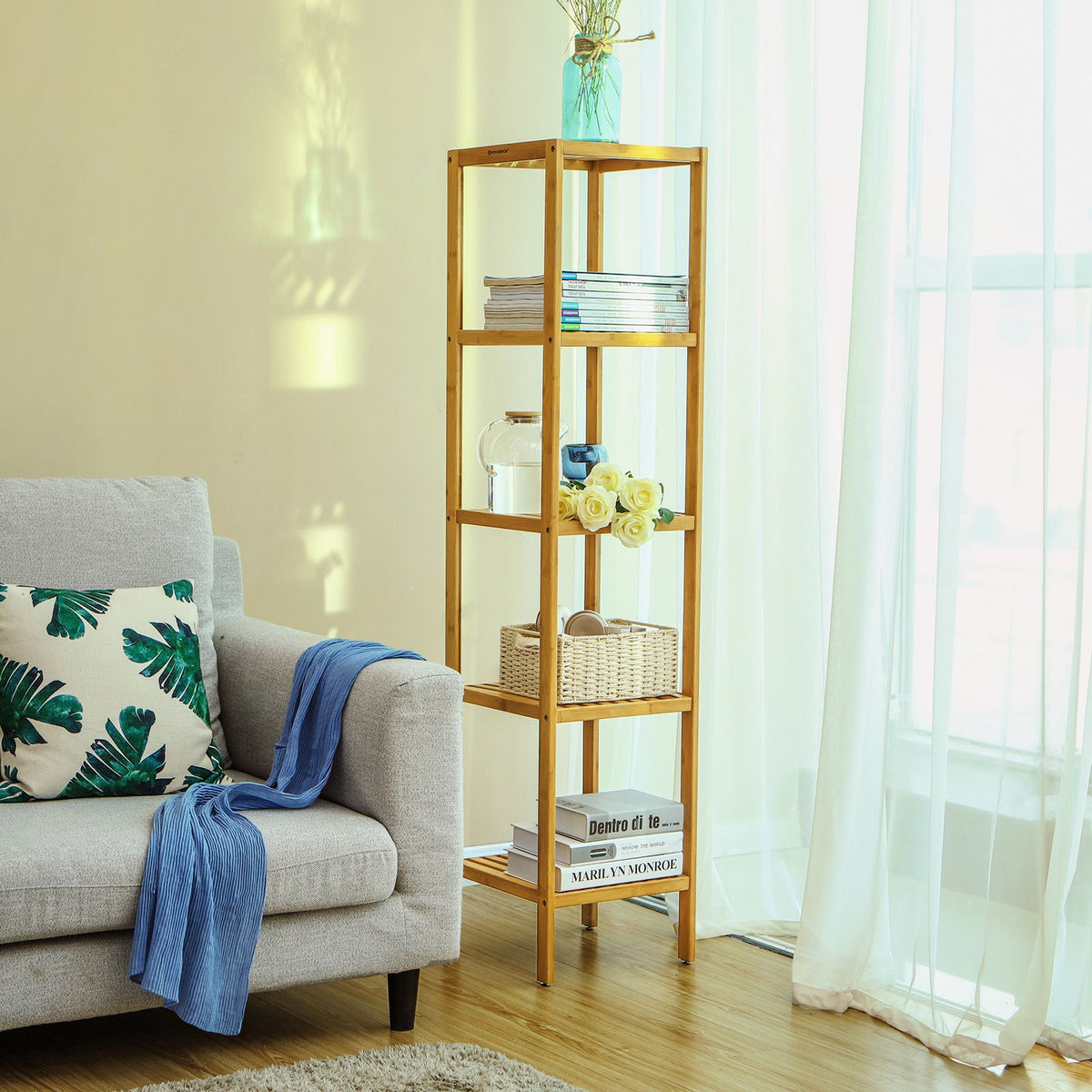 5-Tier Bamboo Bathroom Shelf, Standing Kitchen Rack, 13" x 13" x 57.5"