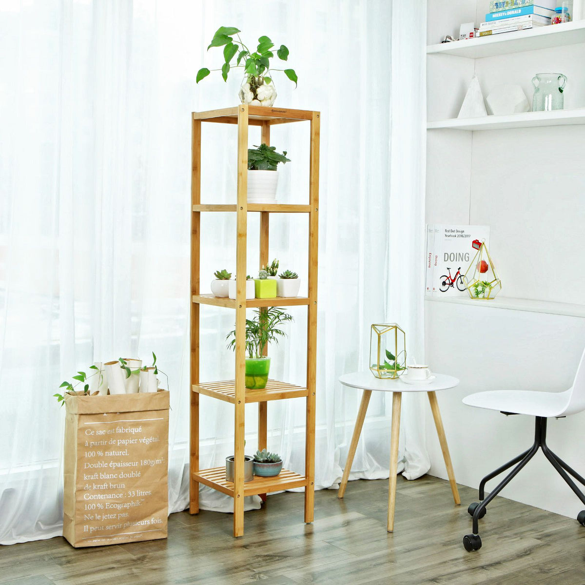 5-Tier Bamboo Bathroom Shelf, Standing Kitchen Rack, 13" x 13" x 57.5"