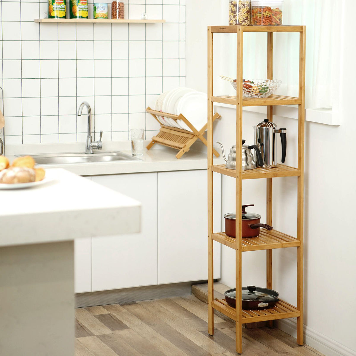 5-Tier Bamboo Bathroom Shelf, Standing Kitchen Rack, 13" x 13" x 57.5"