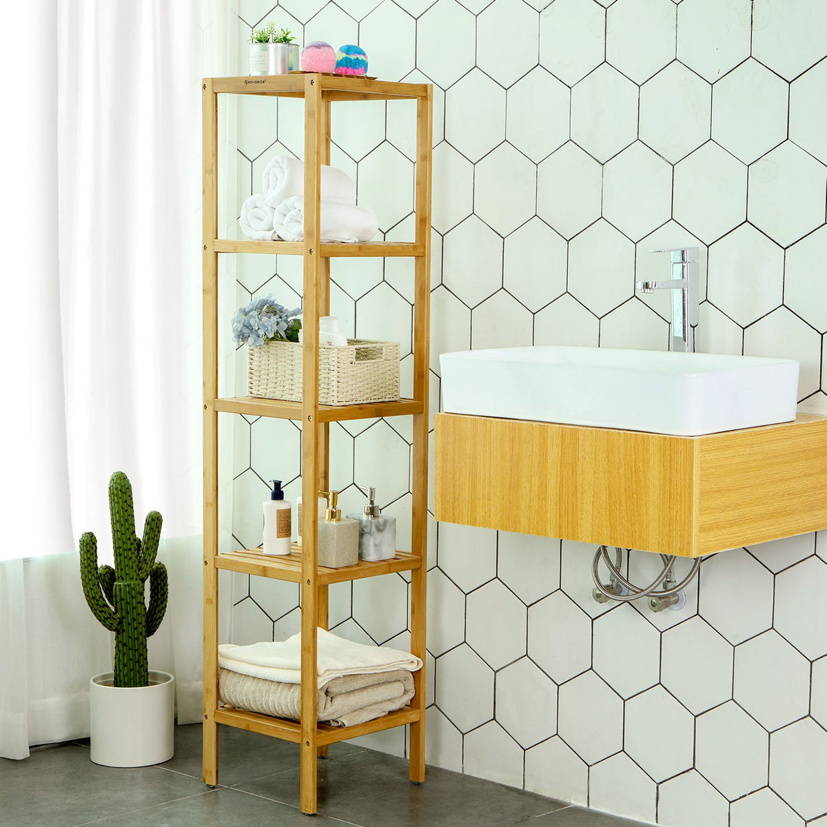 5-Tier Bamboo Bathroom Shelf, Standing Kitchen Rack, 13" x 13" x 57.5"