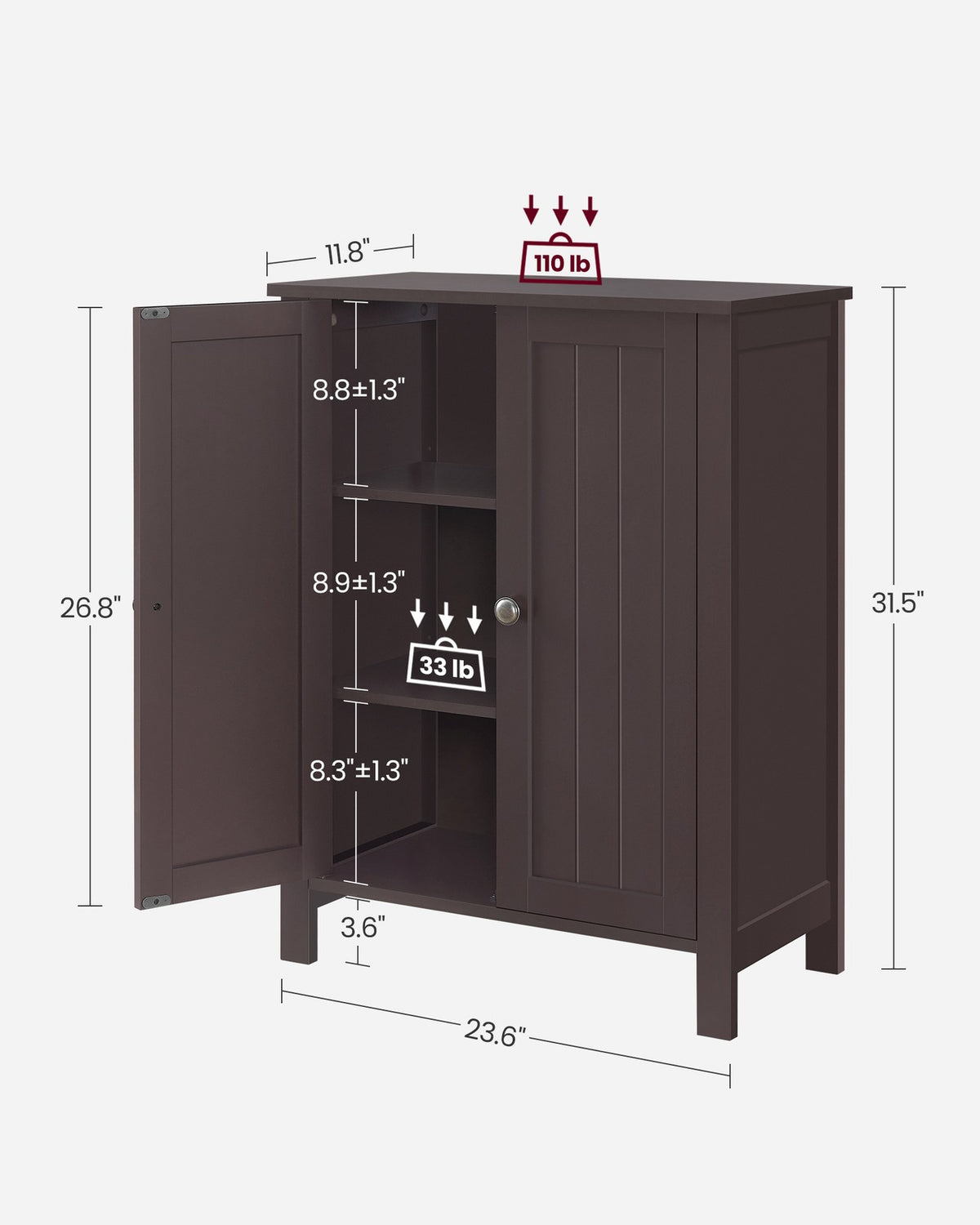 Bathroom Floor Storage Cabinet with Double Door Adjustable Shelf, 24”L x 12”W x 31.5”H White