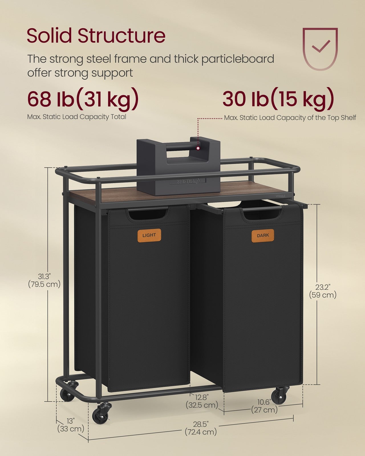 Laundry Sorter, Laundry Hamper with Wheels, 26.4 Gal. (100 L) Portable Rolling Cart Baskets with Shelf - image 3