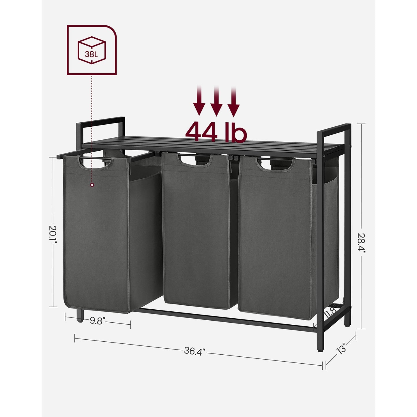 Laundry Hamper with 3 Pull-Out and Removable Bags, 3 x 10 Gallons (38L) - image 7
