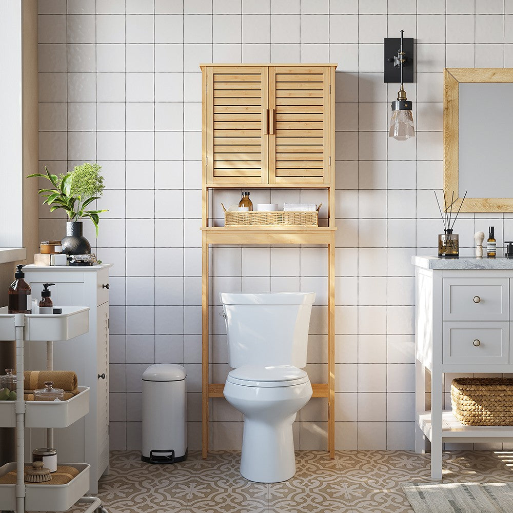 Over-the-Toilet Storage, Bathroom Cabinet with Adjustable Inside Shelf and Bottom Stabilizer Bar, Space-Saving Toilet Rack