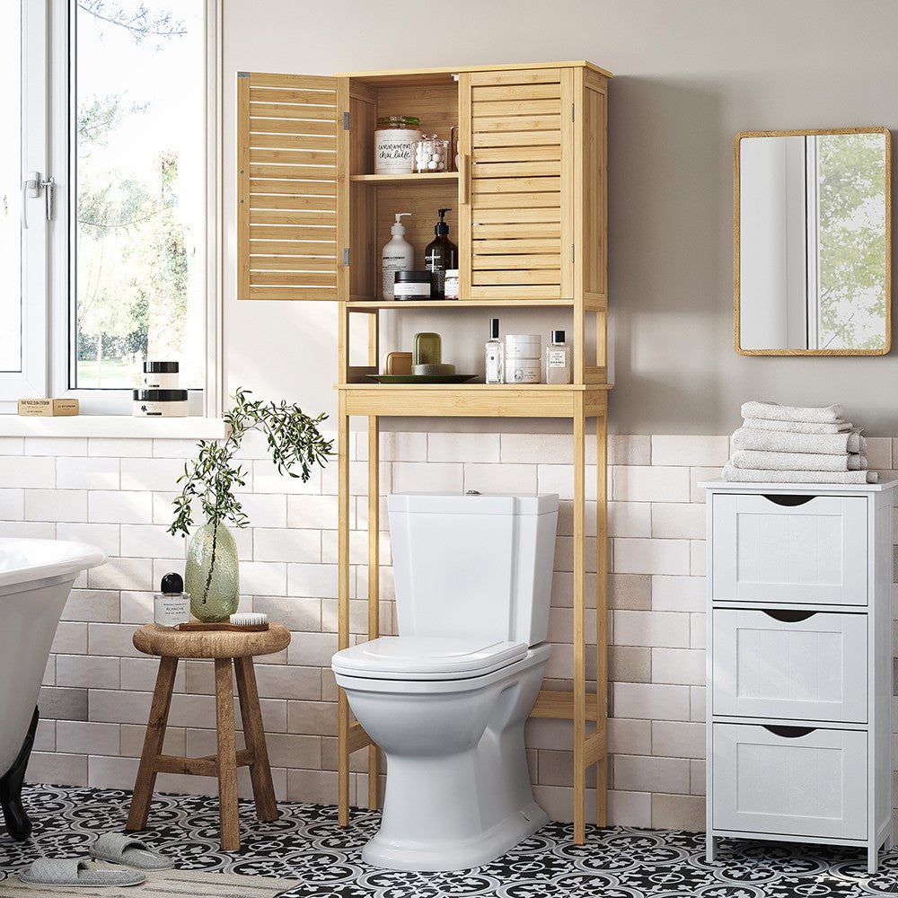 Over-the-Toilet Storage, Bathroom Cabinet with Adjustable Inside Shelf and Bottom Stabilizer Bar, Space-Saving Toilet Rack
