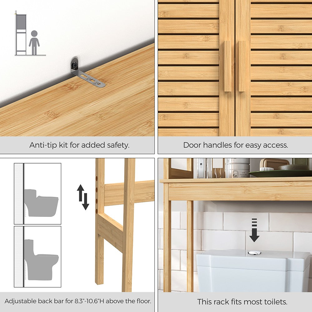 Over-the-Toilet Storage, Bathroom Cabinet with Adjustable Inside Shelf and Bottom Stabilizer Bar, Space-Saving Toilet Rack