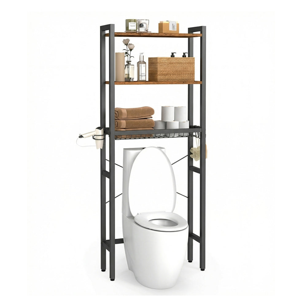 Bathroom organizer with adjustable shelves, basket and hooks over toilet - image 1