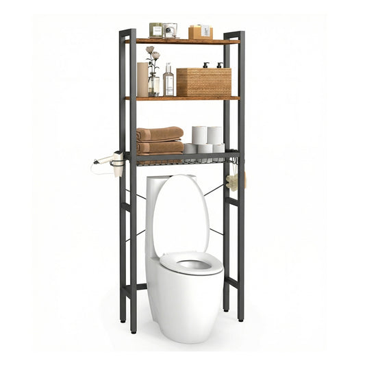 Bathroom organizer with adjustable shelves, basket and hooks over toilet - image 1