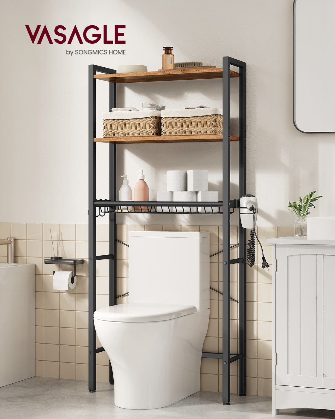 Bathroom organizer with adjustable shelves, basket and hooks over toilet - image 2