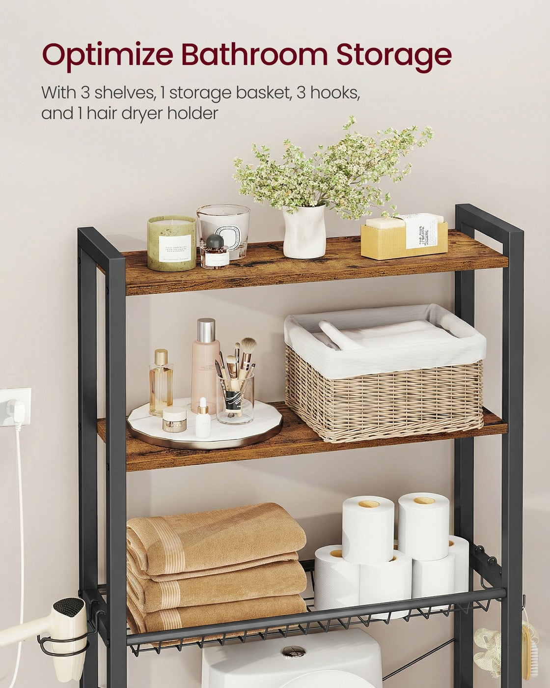 Bathroom organizer with adjustable shelves, basket and hooks over toilet - image 3