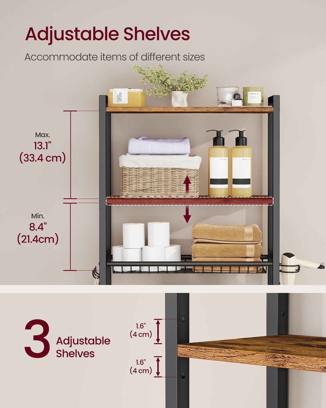 Bathroom organizer with adjustable shelves, basket and hooks over toilet - image 4