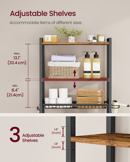Bathroom organizer with adjustable shelves, basket and hooks over toilet - image 4