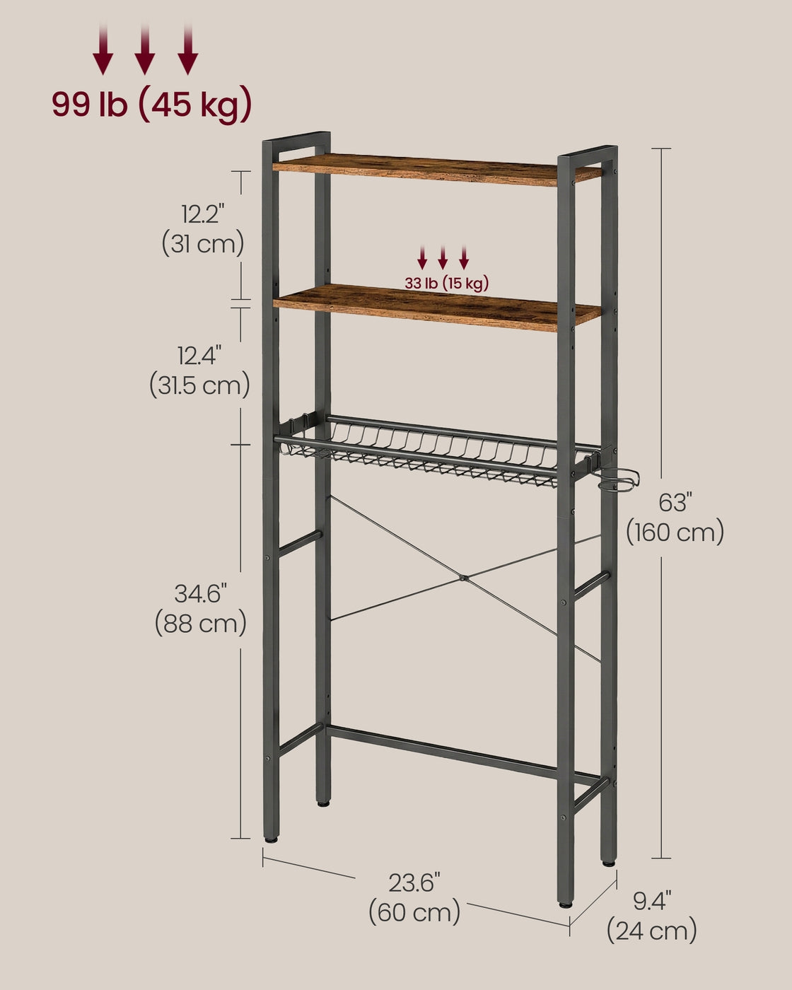 Bathroom organizer with adjustable shelves, basket and hooks over toilet - image 6