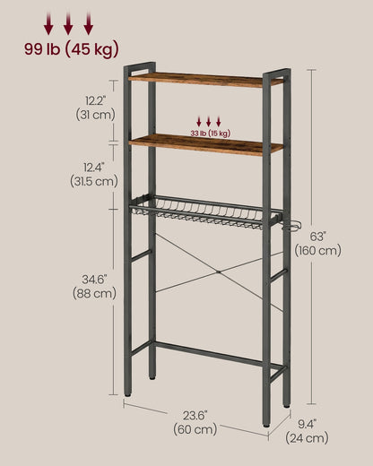 Bathroom organizer with adjustable shelves, basket and hooks over toilet - image 6