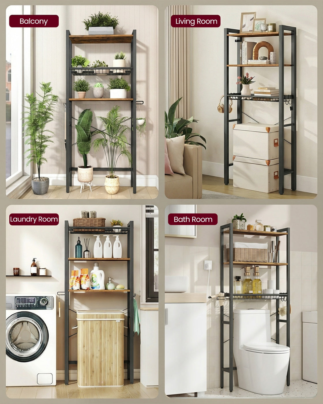 Bathroom organizer with adjustable shelves, basket and hooks over toilet - image 8