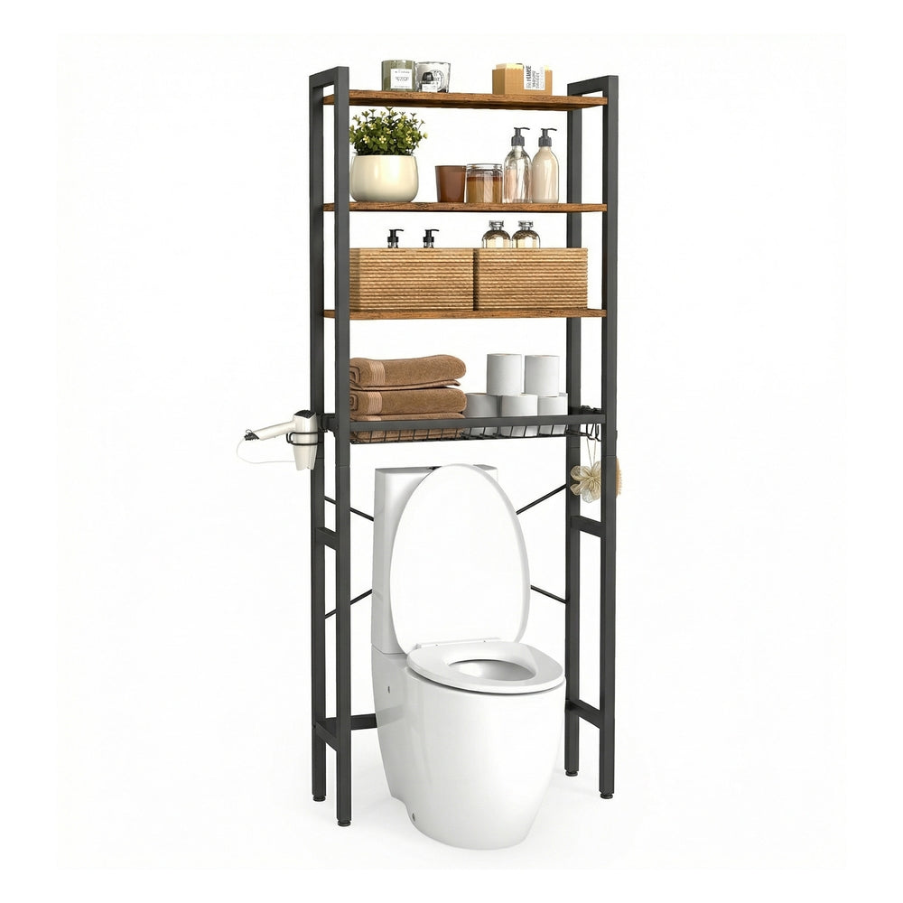Bathroom organizer with adjustable shelves, basket and hooks over toilet - image 23