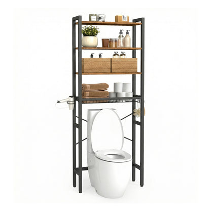 Bathroom organizer with adjustable shelves, basket and hooks over toilet - image 23
