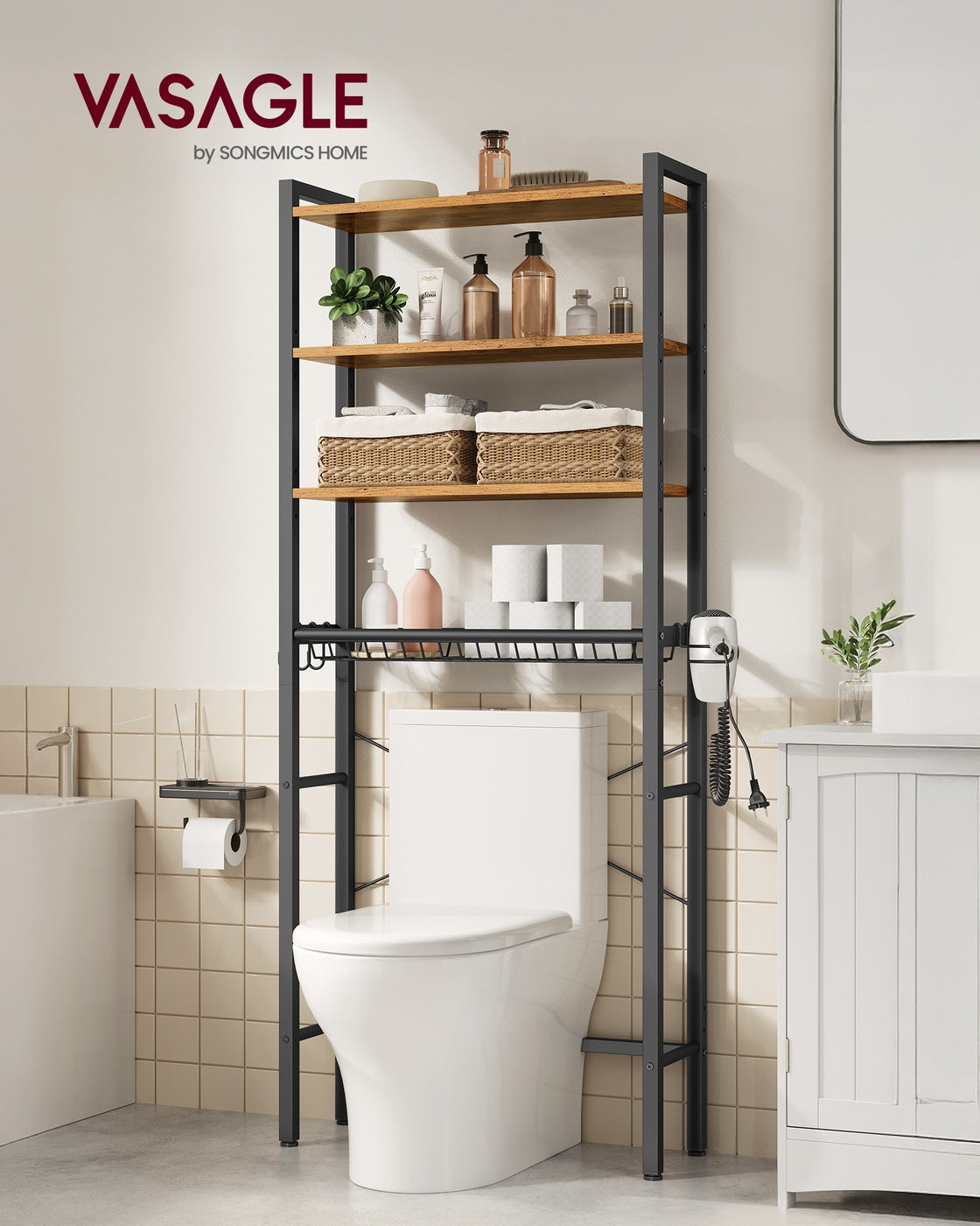 Bathroom organizer with adjustable shelves, basket and hooks over toilet - image 24