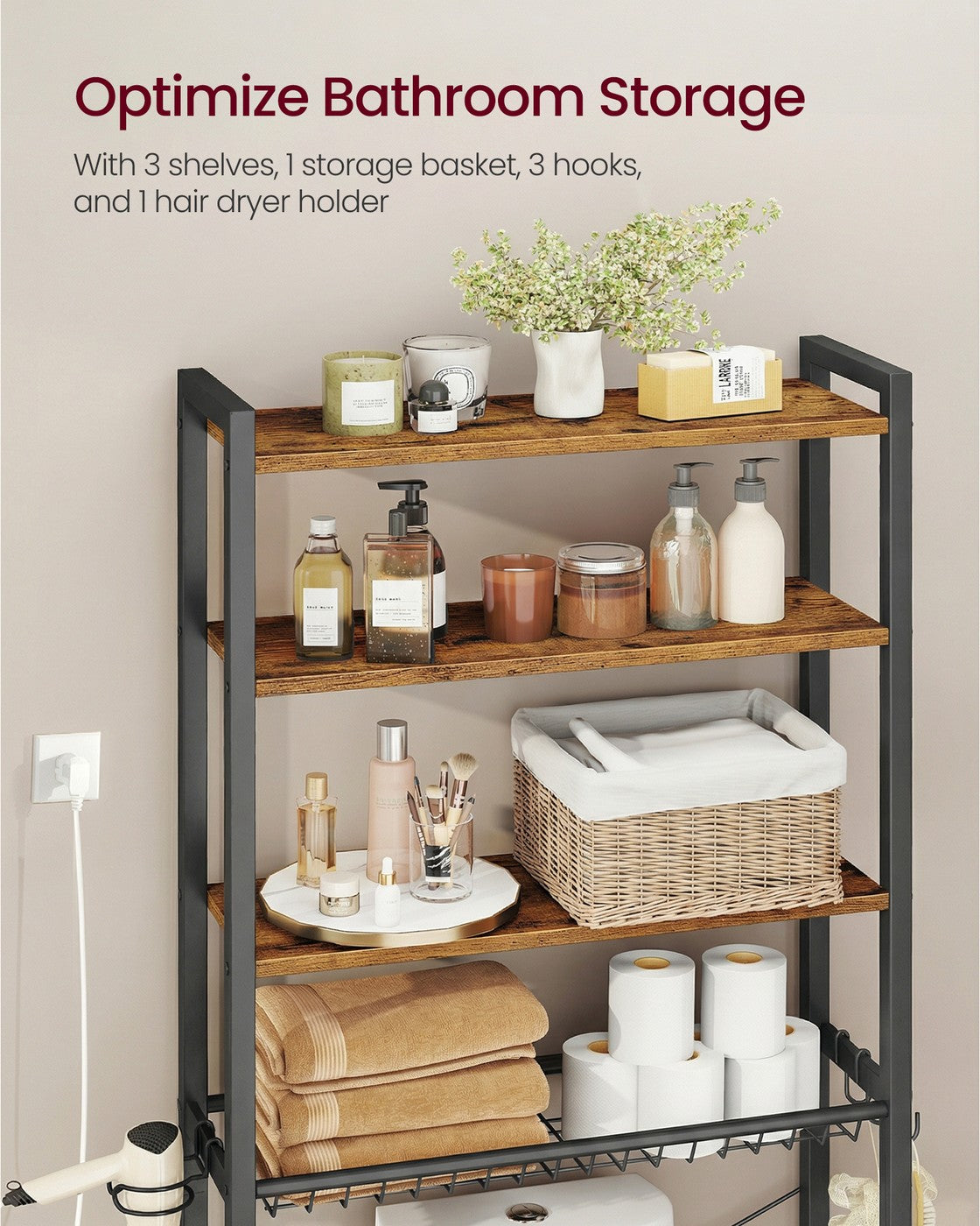 Bathroom organizer with adjustable shelves, basket and hooks over toilet - image 25
